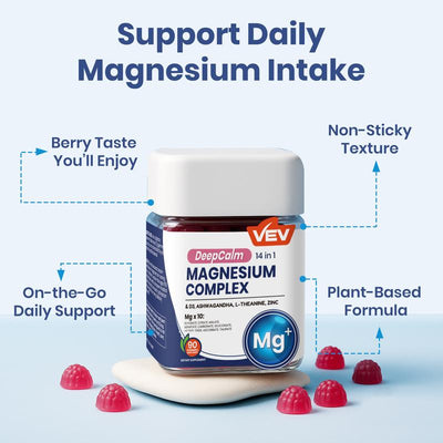 14-in-1 Magnesium Gummies with Ashwagandha, L-Theanine, Vitamin D3 & Zinc – Stress Relief, Sleep Support & Muscle Recovery – Edible Dietary Supplement