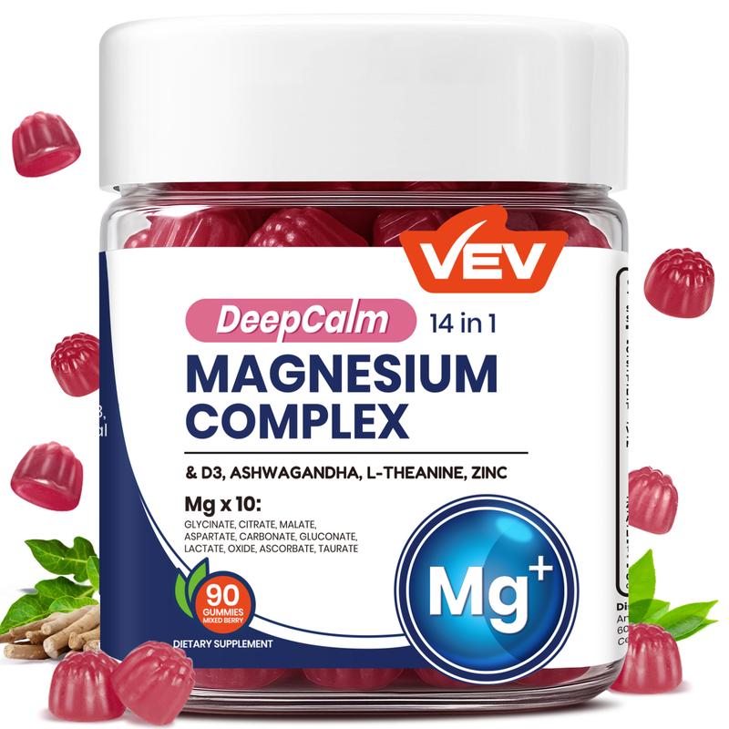 14-in-1 Magnesium Gummies with Ashwagandha, L-Theanine, Vitamin D3 & Zinc – Stress Relief, Sleep Support & Muscle Recovery – Edible Dietary Supplement