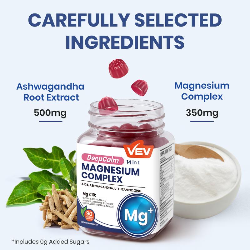 14-in-1 Magnesium Gummies with Ashwagandha, L-Theanine, Vitamin D3 & Zinc – Stress Relief, Sleep Support & Muscle Recovery – Edible Dietary Supplement